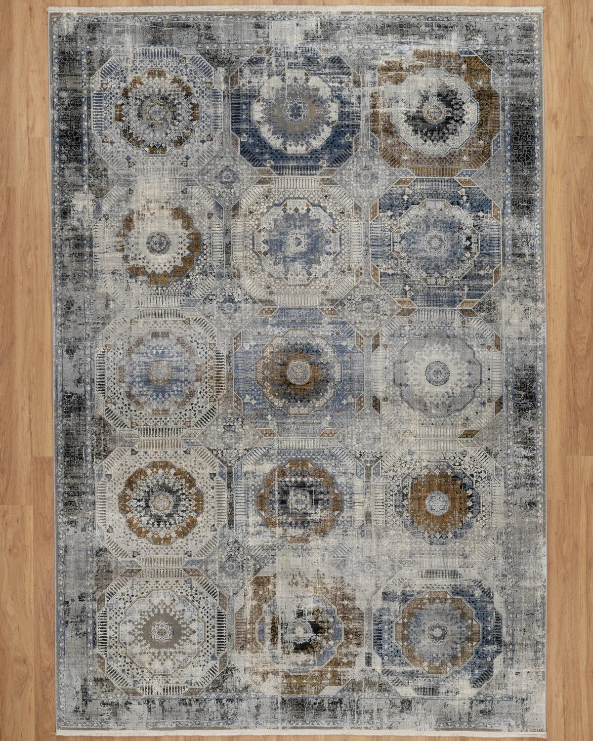 Assorted Blue Gold Medallion Patchwork Carpet
