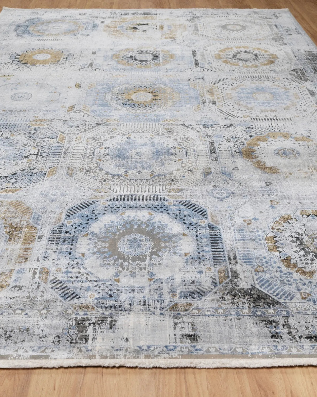 Assorted Blue Gold Medallion Patchwork Carpet