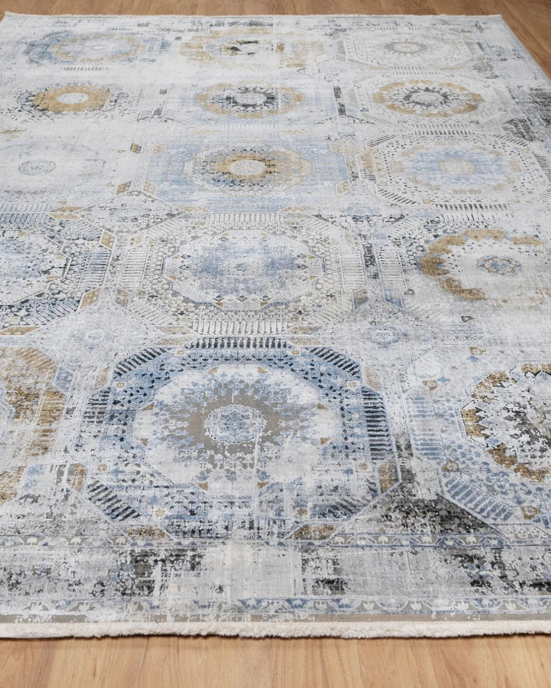 Assorted Blue Gold Medallion Patchwork Carpet