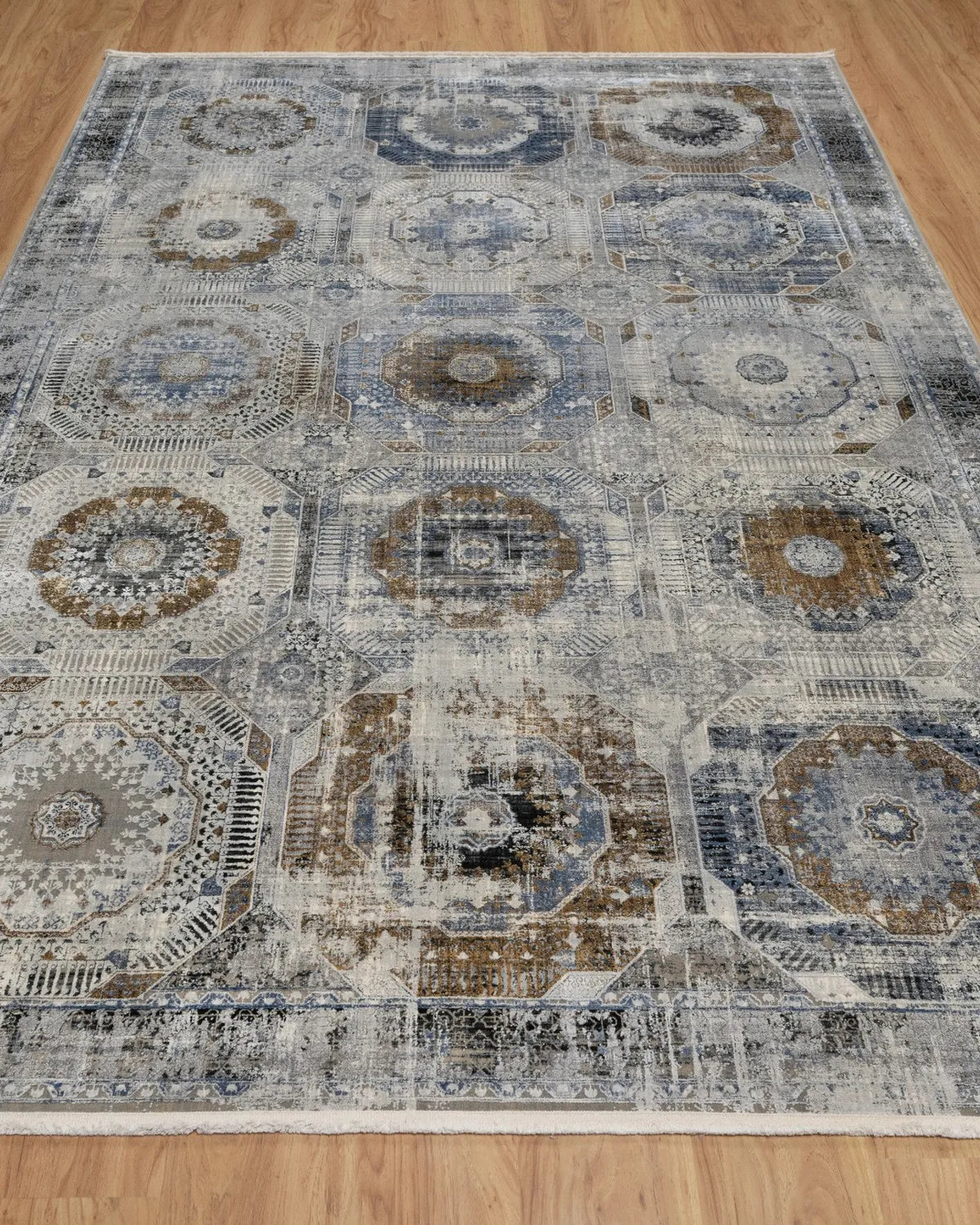 Assorted Blue Gold Medallion Patchwork Carpet