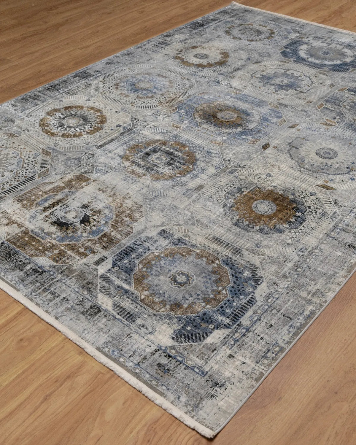 Assorted Blue Gold Medallion Patchwork Carpet