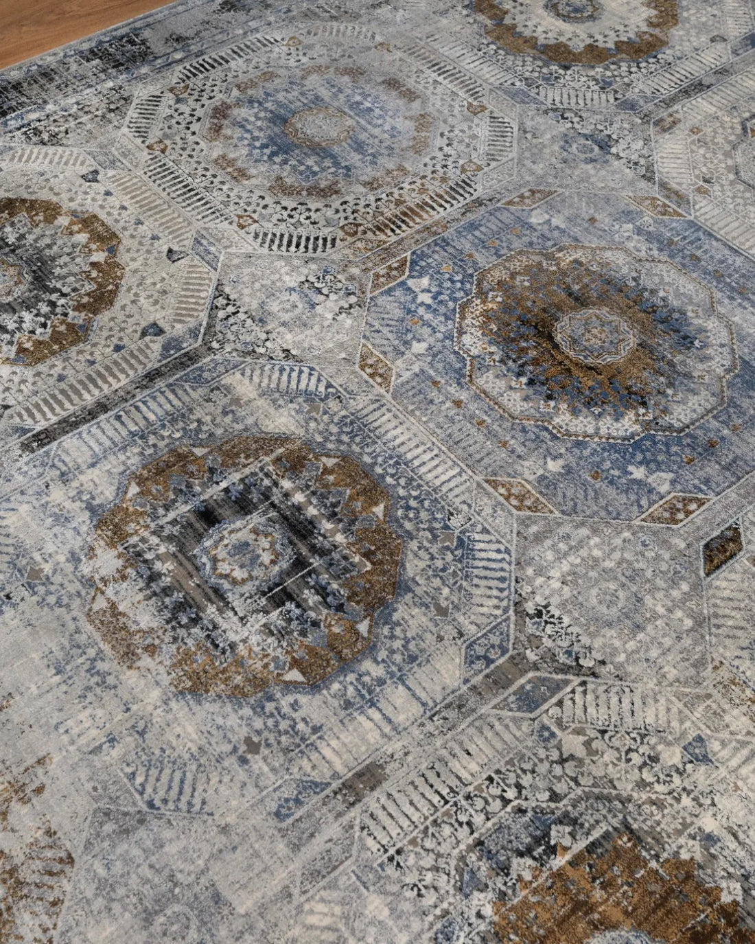 Assorted Blue Gold Medallion Patchwork Carpet