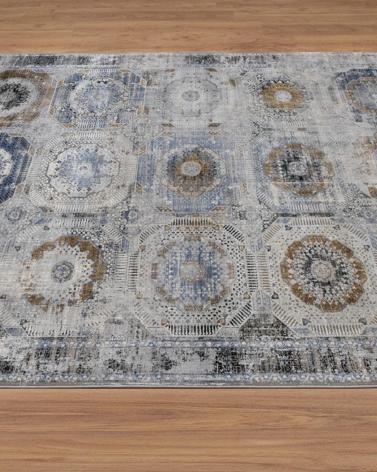 Assorted Blue Gold Medallion Patchwork Carpet