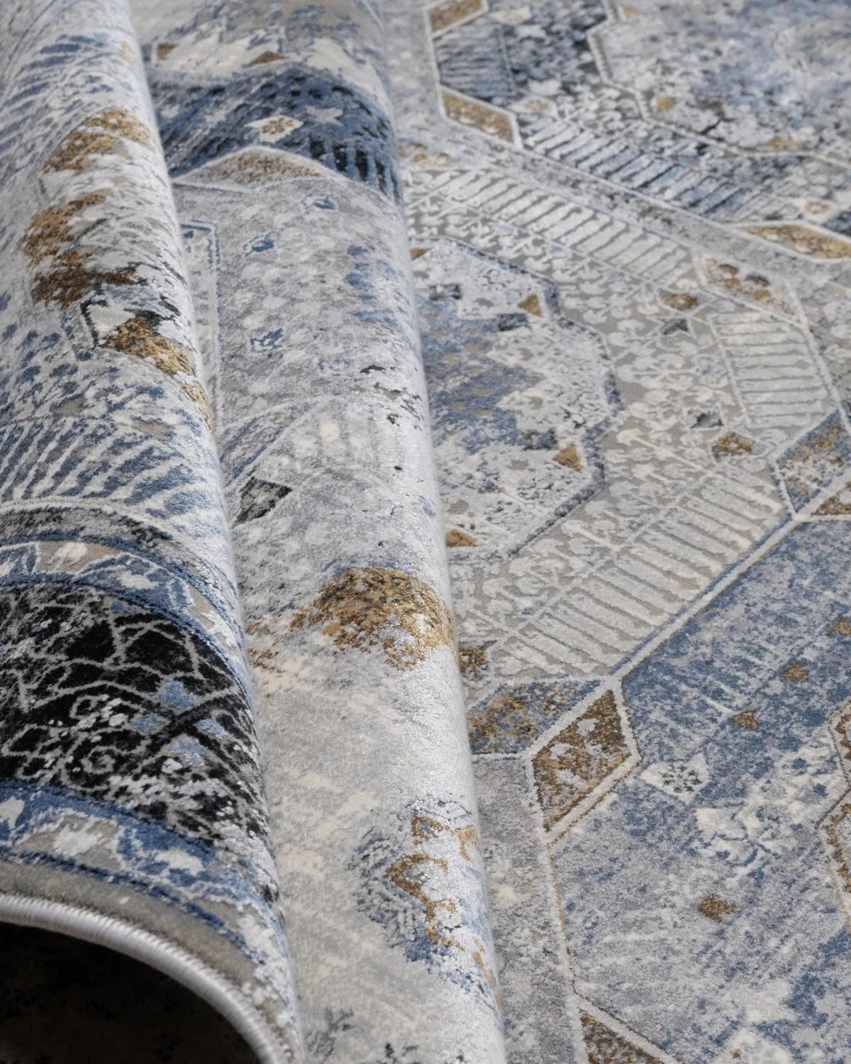 Assorted Blue Gold Medallion Patchwork Carpet