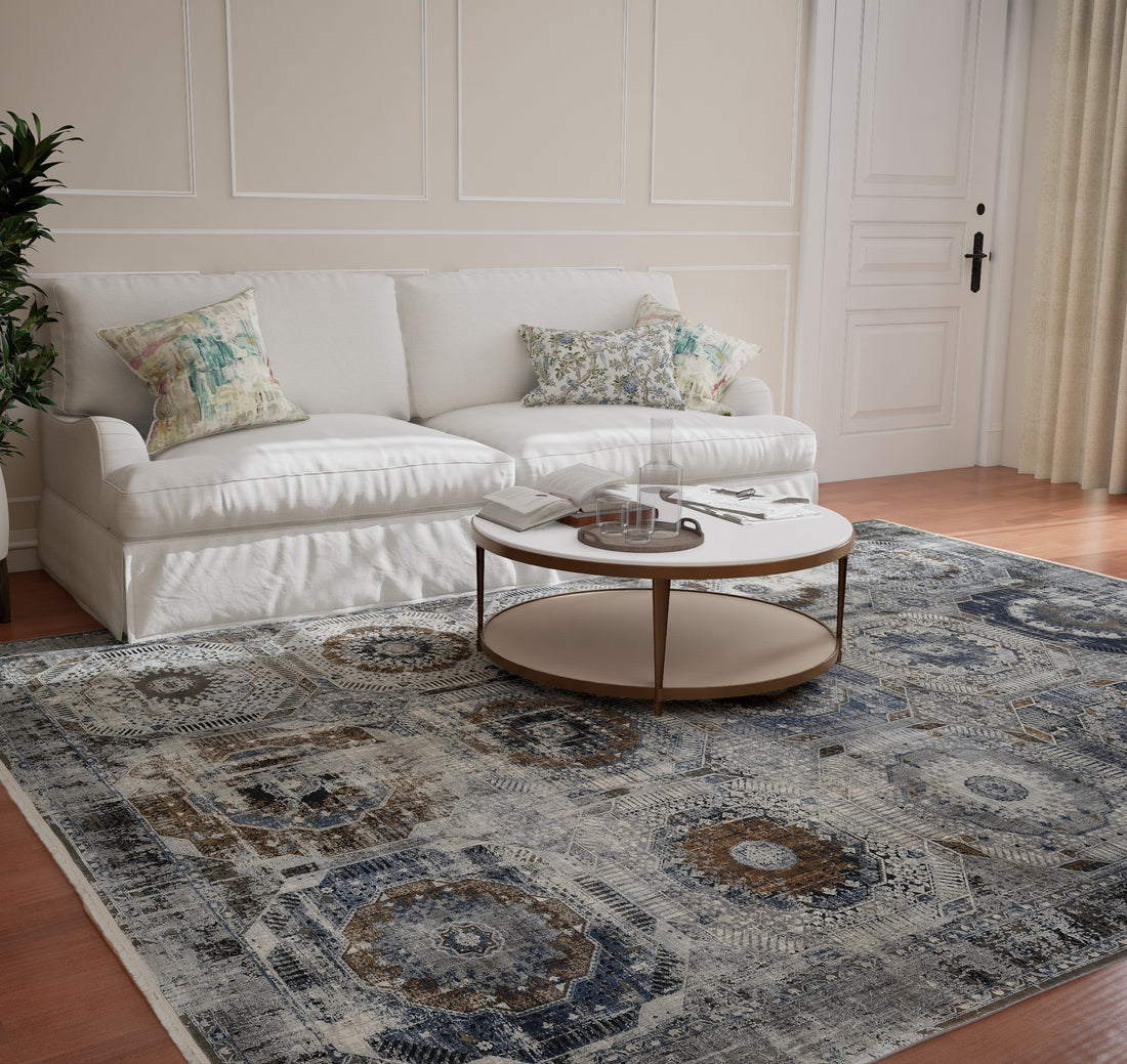 Assorted Blue Gold Medallion Patchwork Carpet