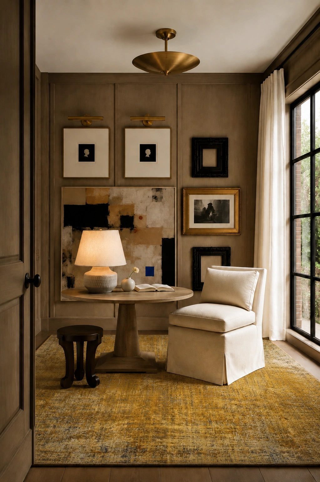 A styled interior room scene featuring a round wooden table with a lit table lamp, a cream upholstered accent chair, a mustard yellow area rug, wall art, and a large window with sheer curtains.