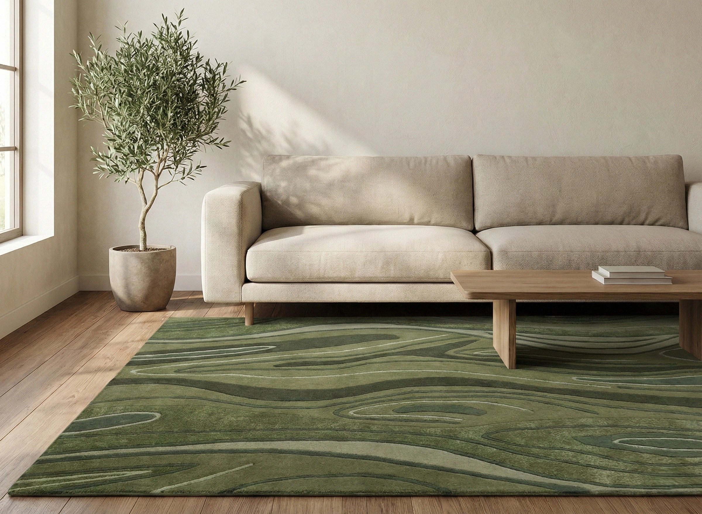 Olive Green Abstract Textured Modern Carpet