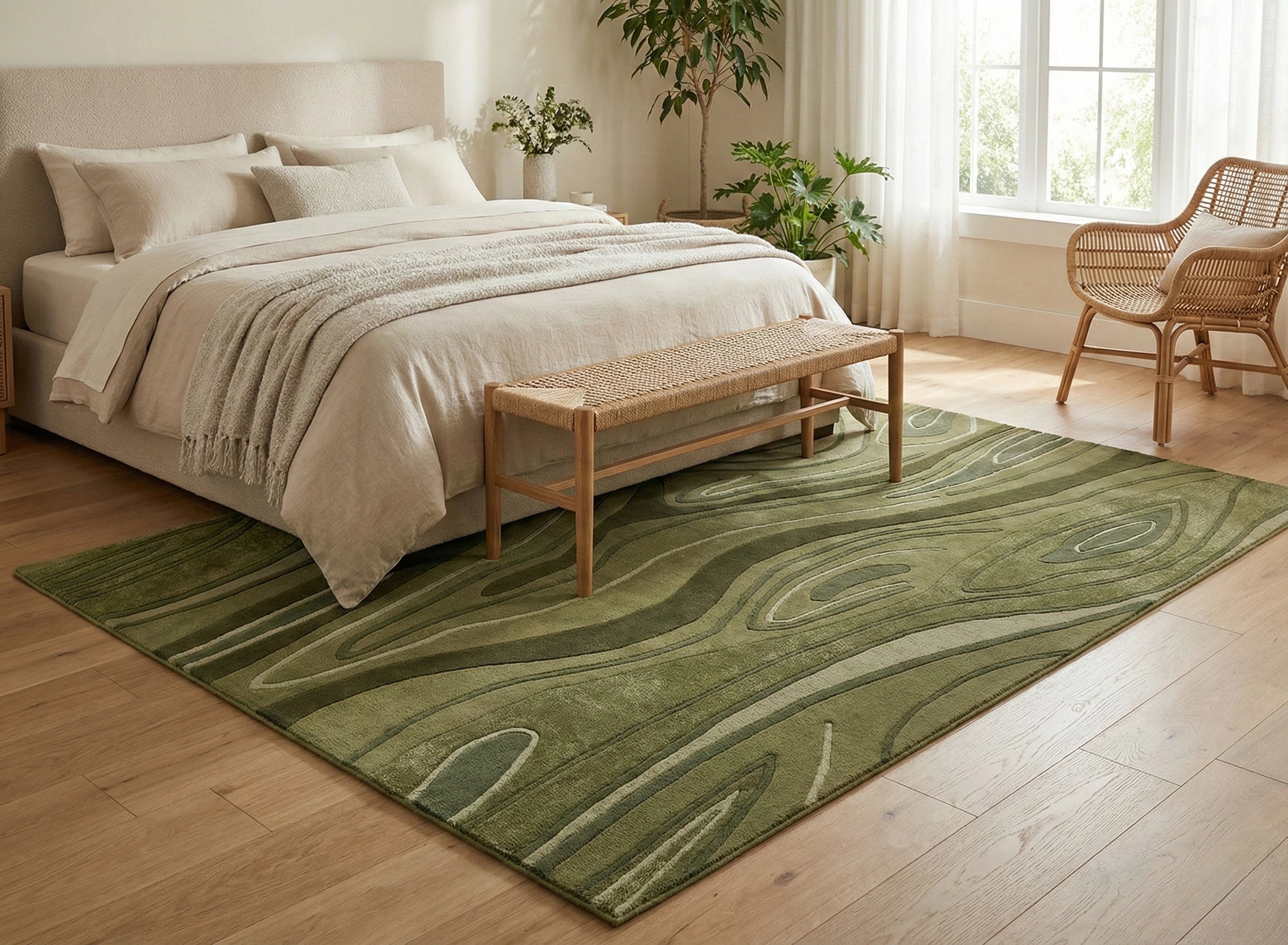Olive Green Abstract Textured Modern Carpet