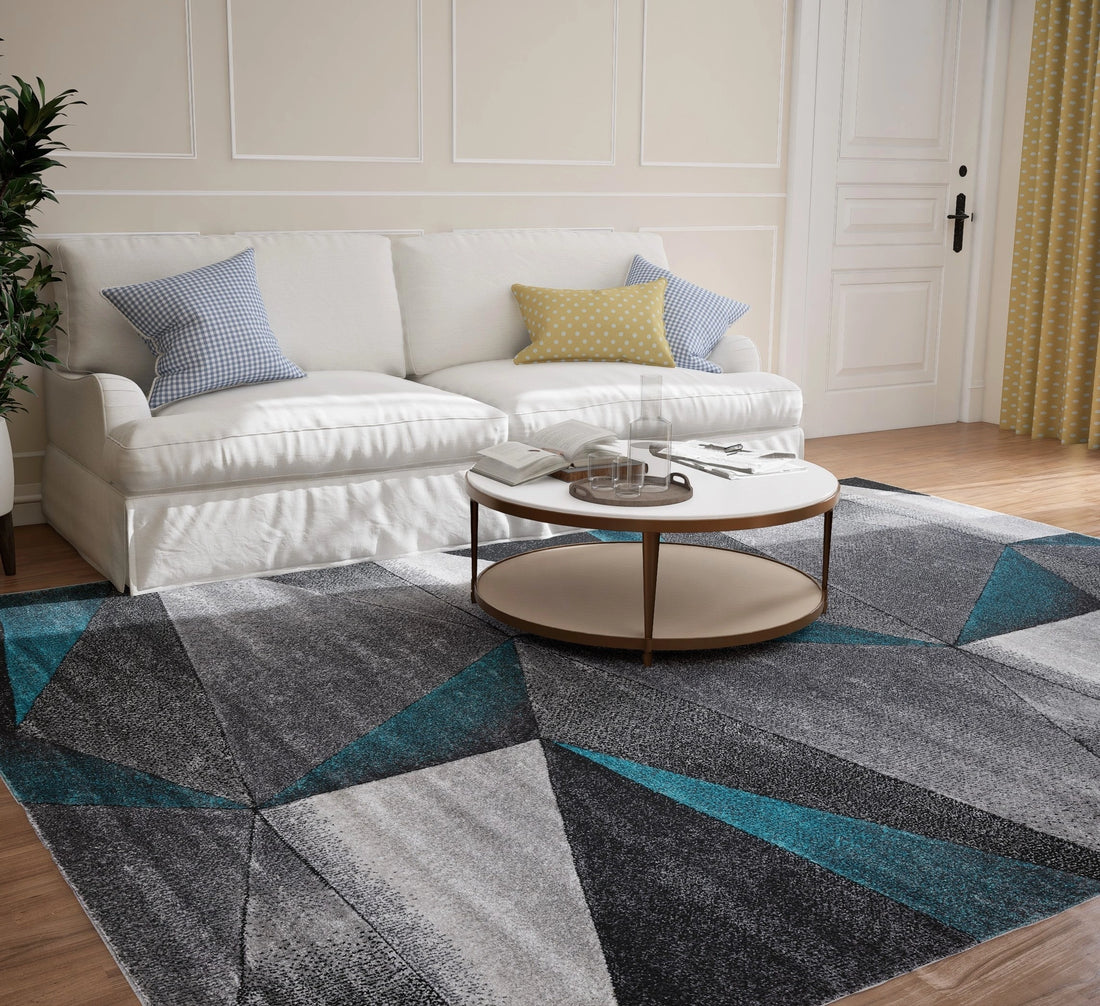 Medium Grey Turquoise Geometric Carpet