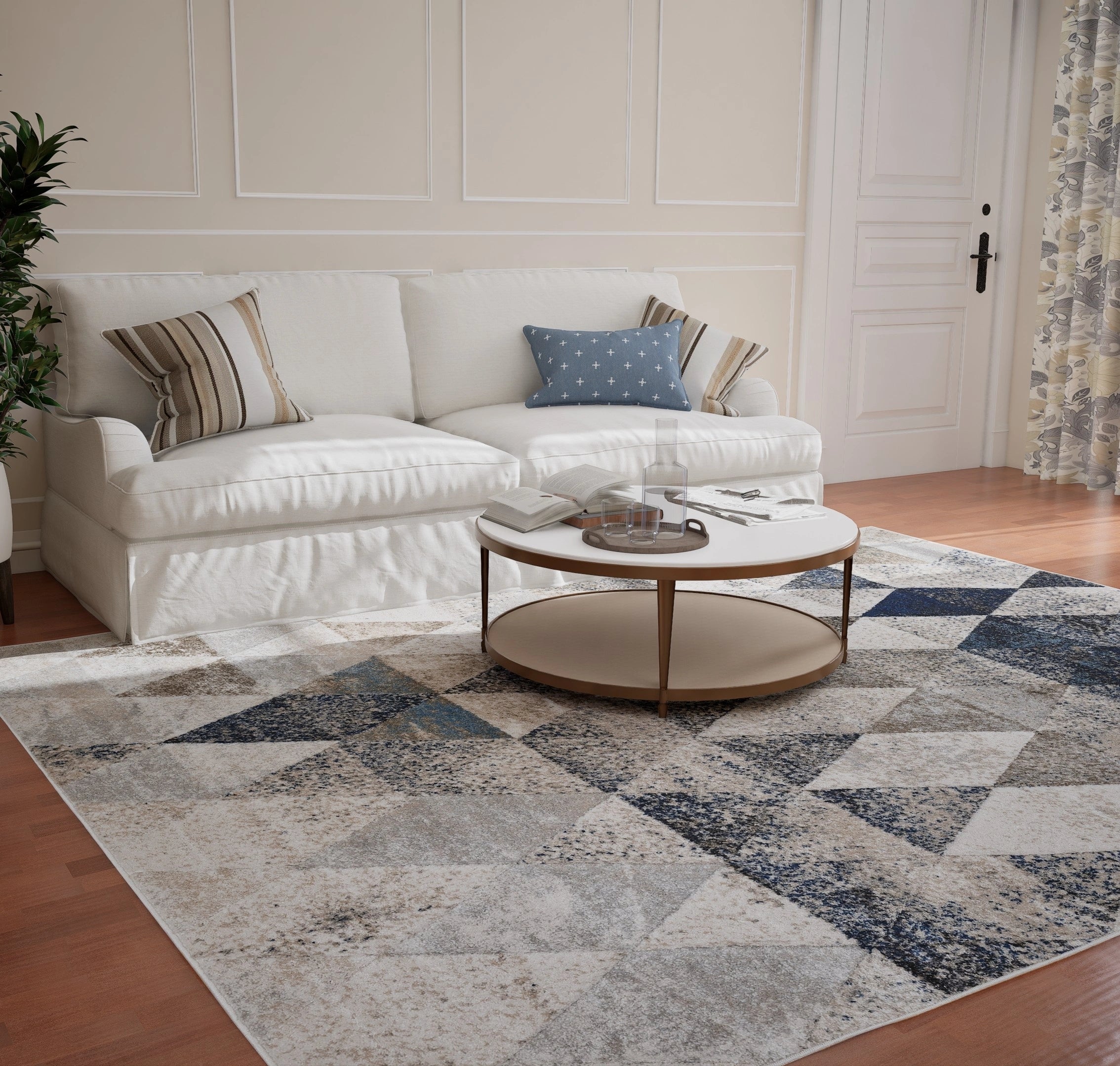 Dark Beige Dark Blue Geometric Carpet