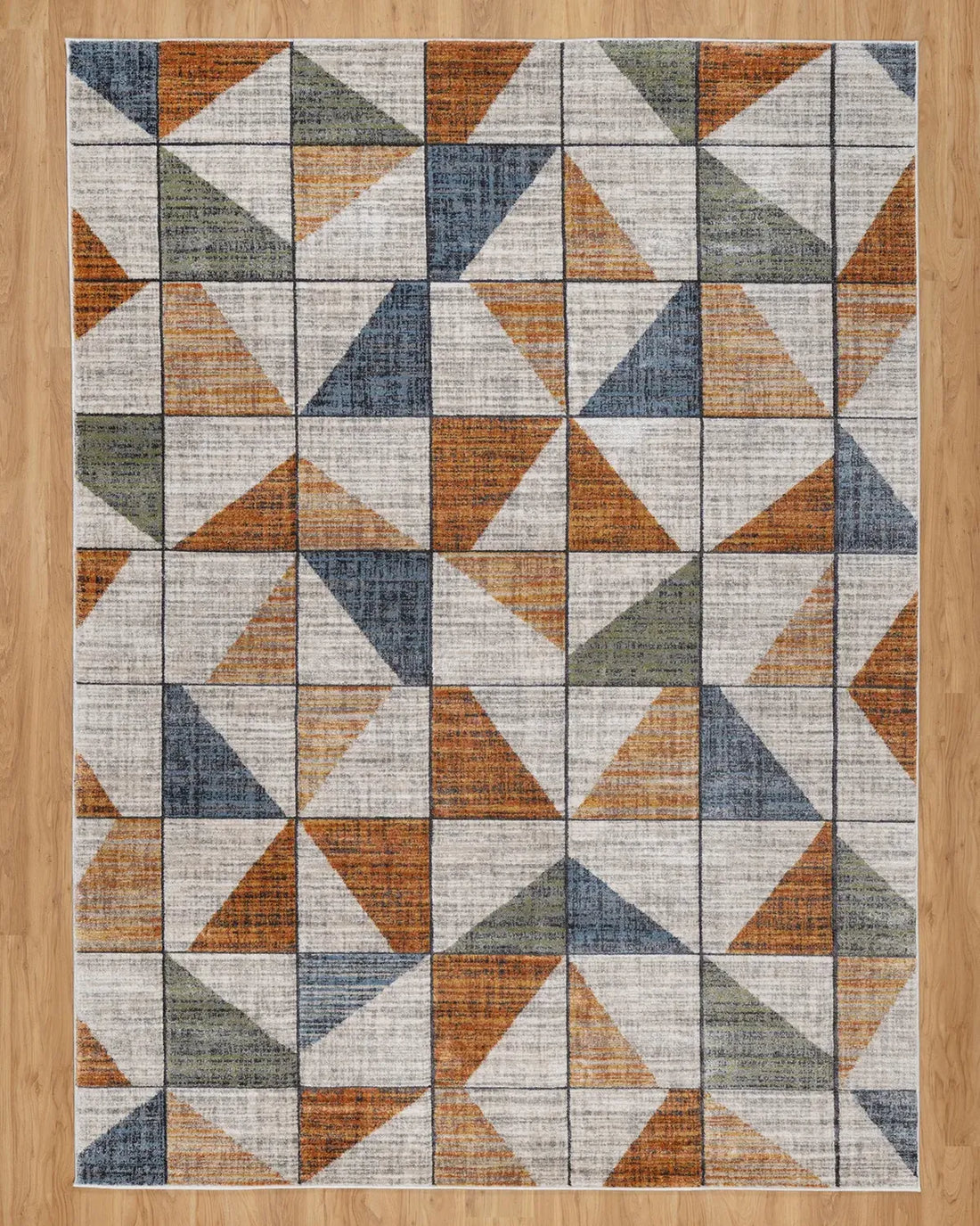 Beige Rust Blue Geometric Grid Carpet