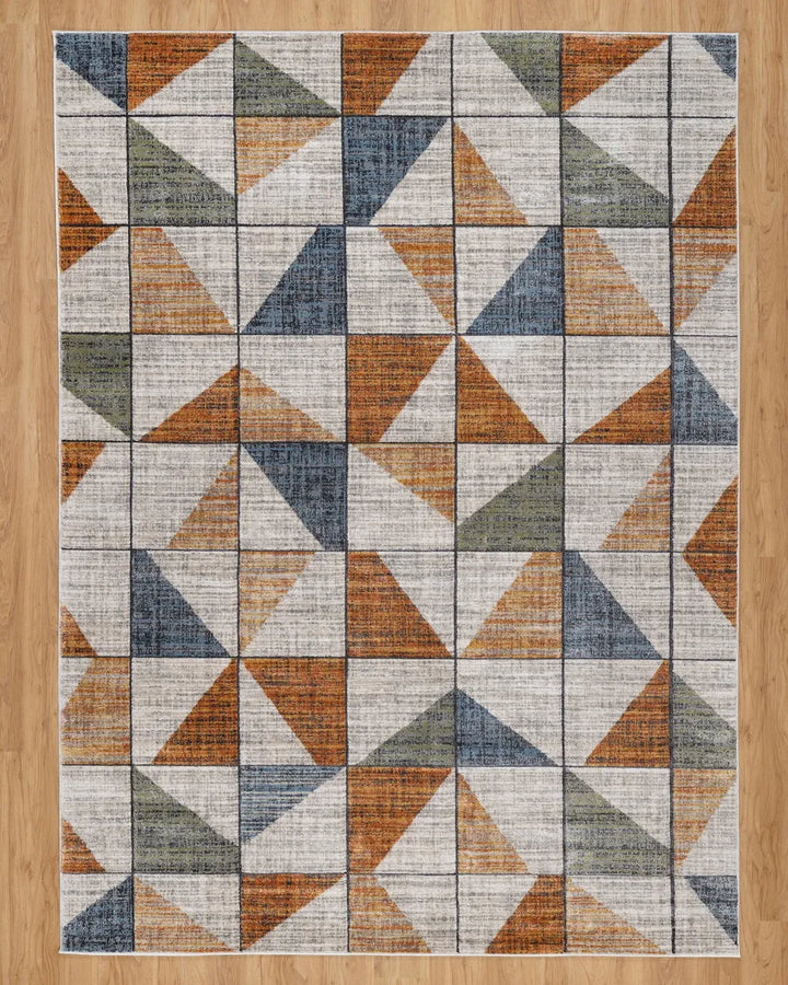 Beige Rust Blue Geometric Grid Carpet