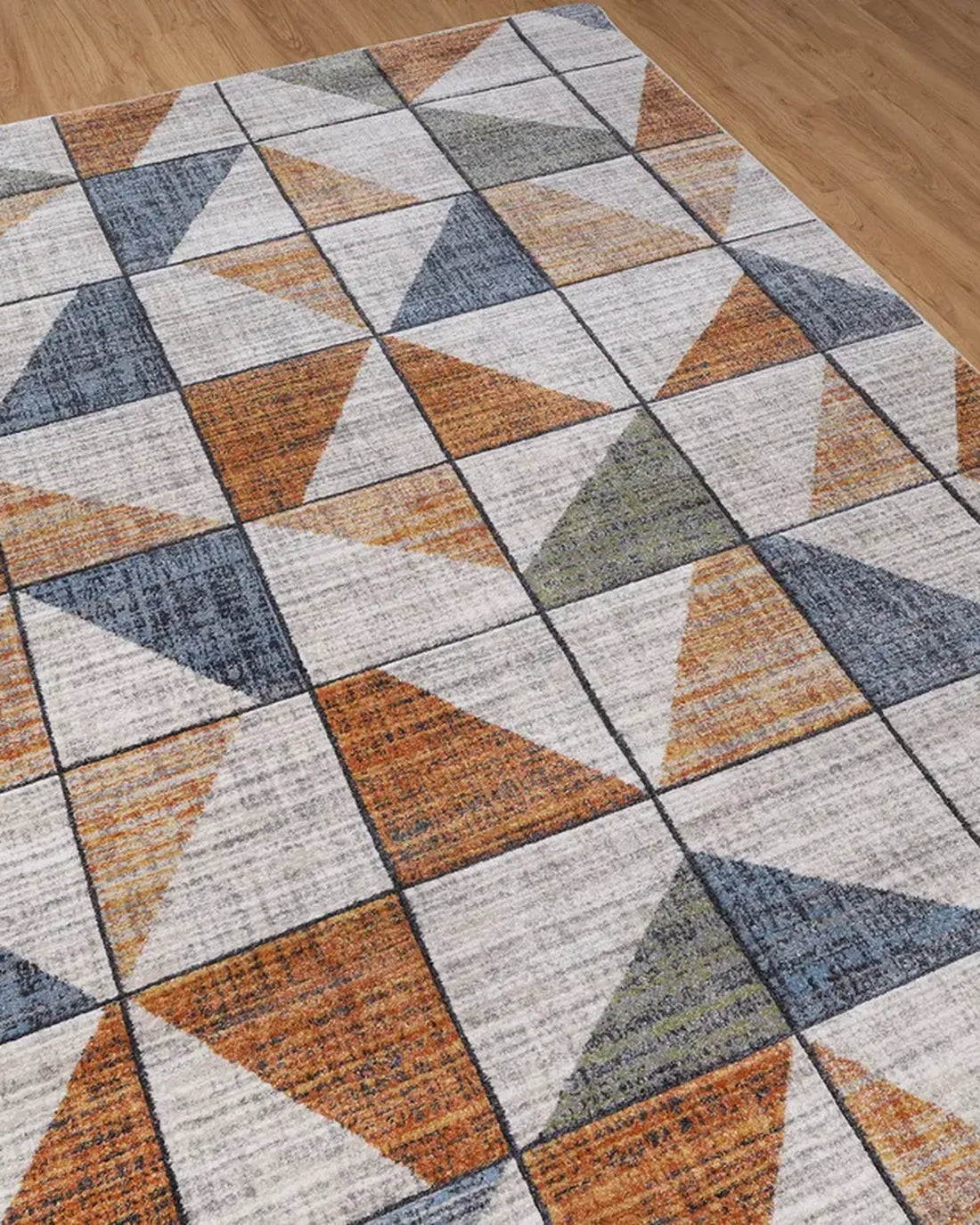 Beige Rust Blue Geometric Grid Carpet