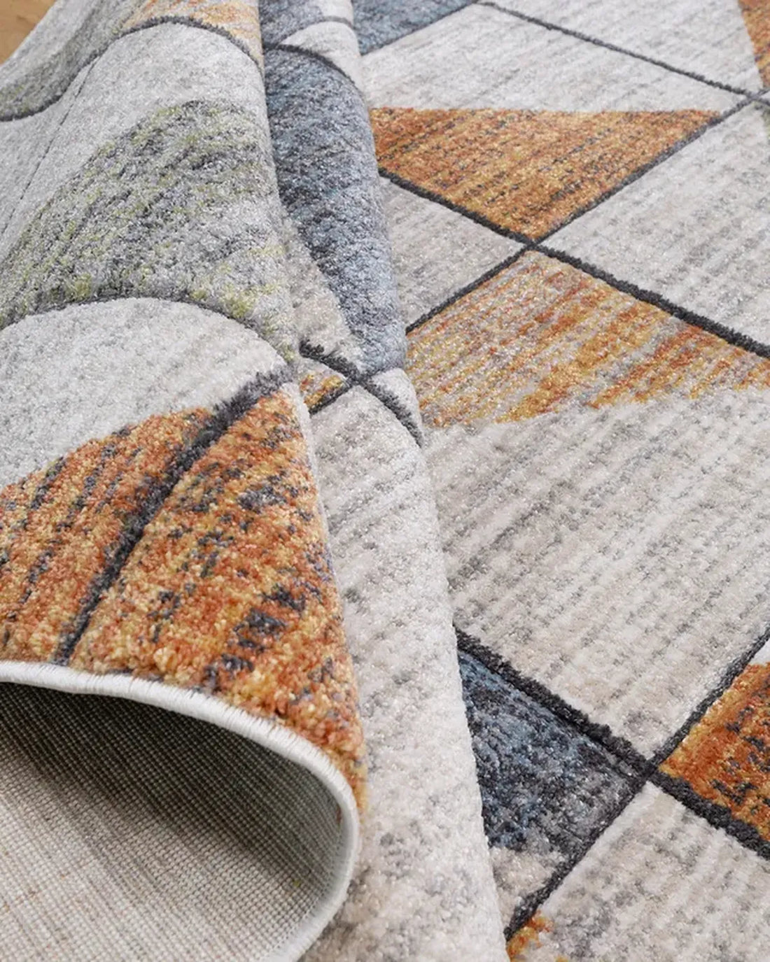 Beige Rust Blue Geometric Grid Carpet