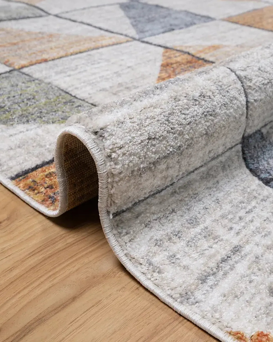 Beige Rust Blue Geometric Grid Carpet