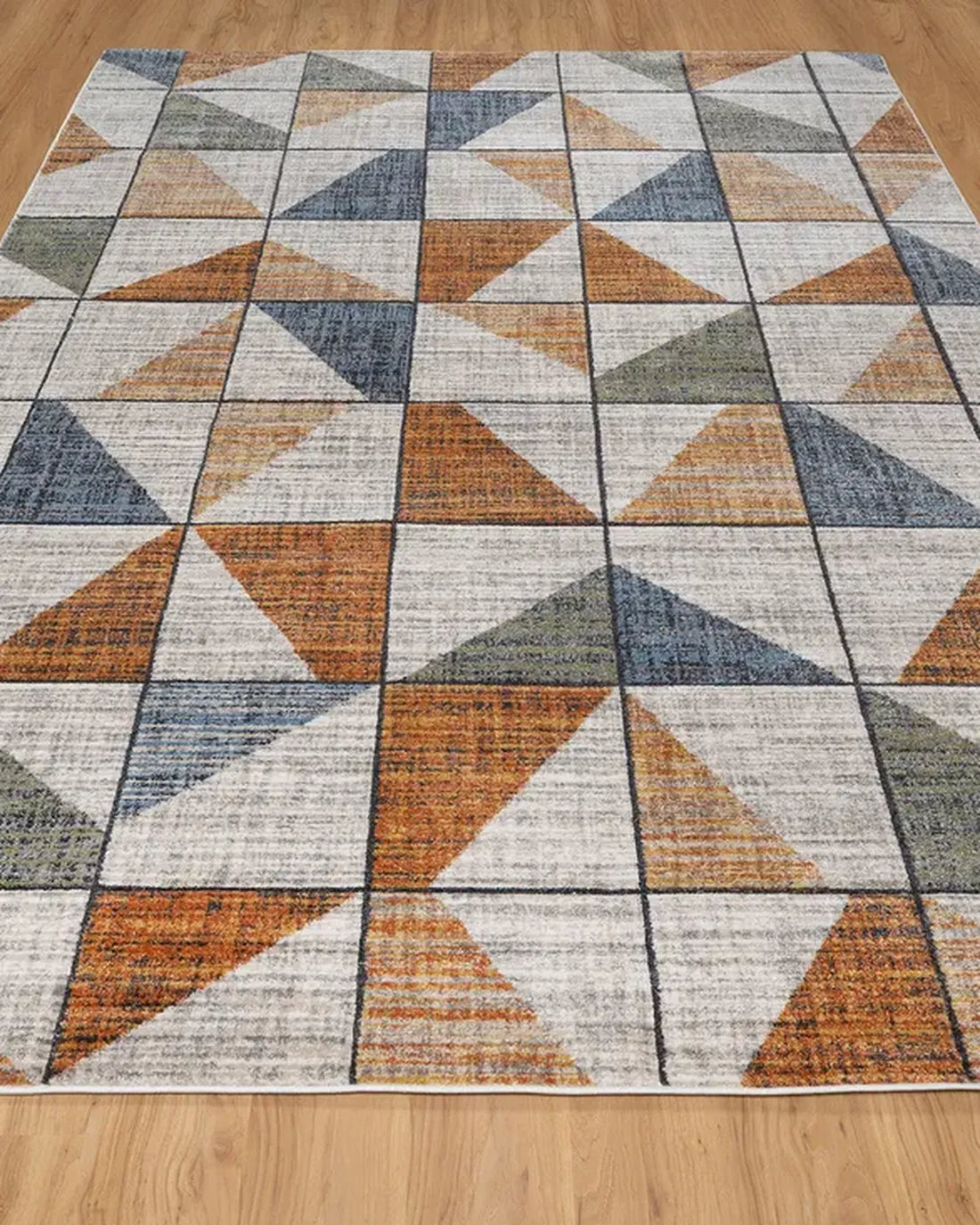 Beige Rust Blue Geometric Grid Carpet
