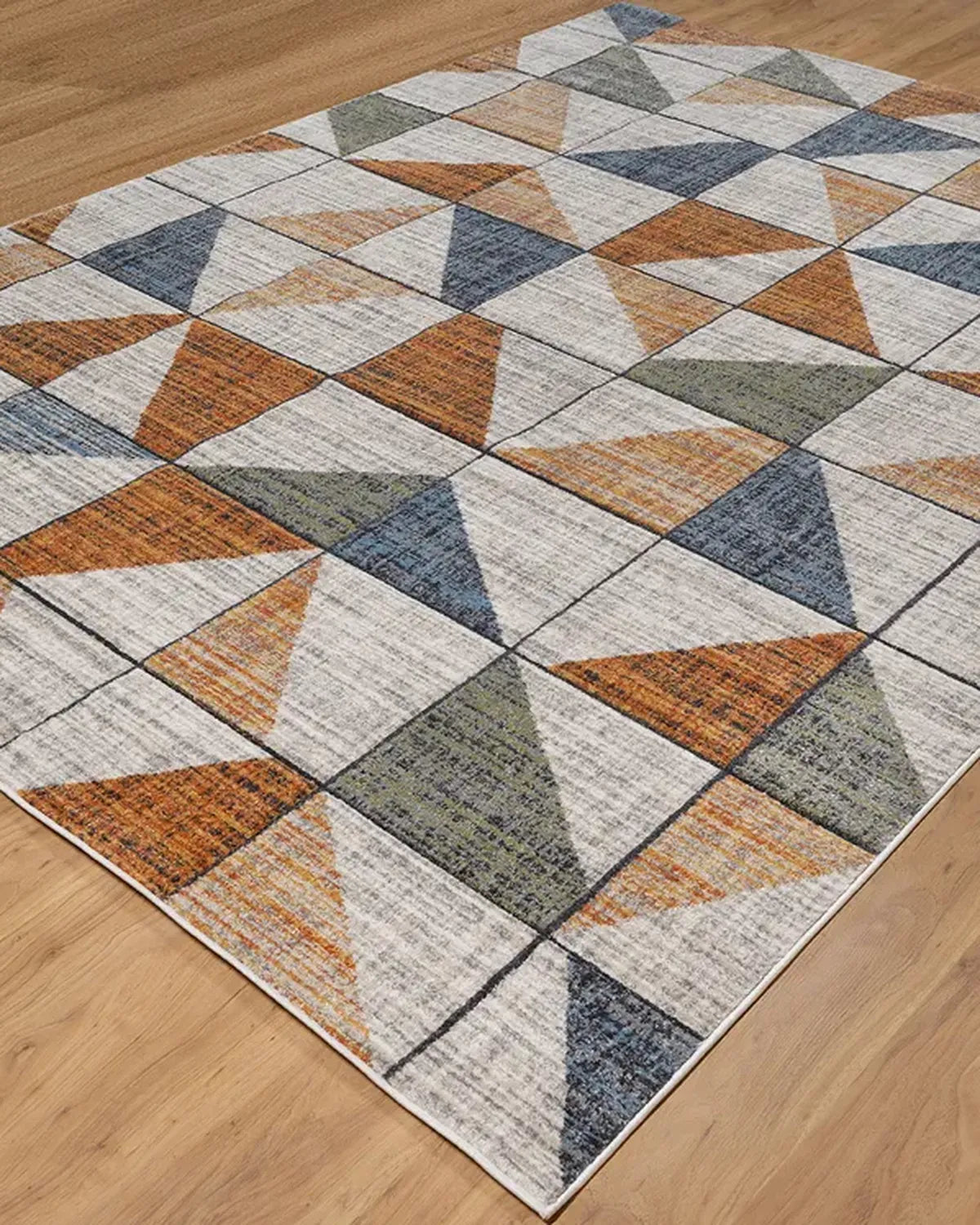 Beige Rust Blue Geometric Grid Carpet