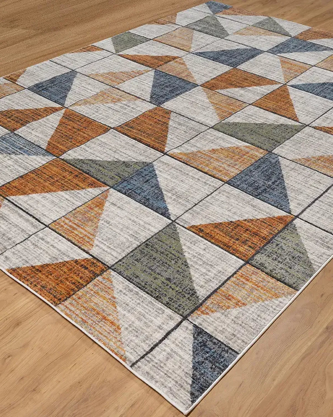 Beige Rust Blue Geometric Grid Carpet