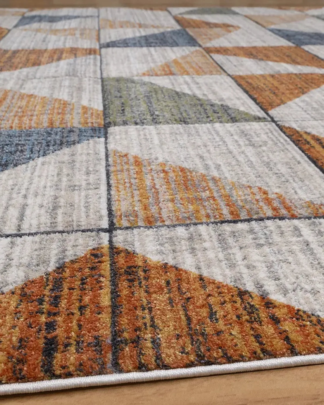 Beige Rust Blue Geometric Grid Carpet