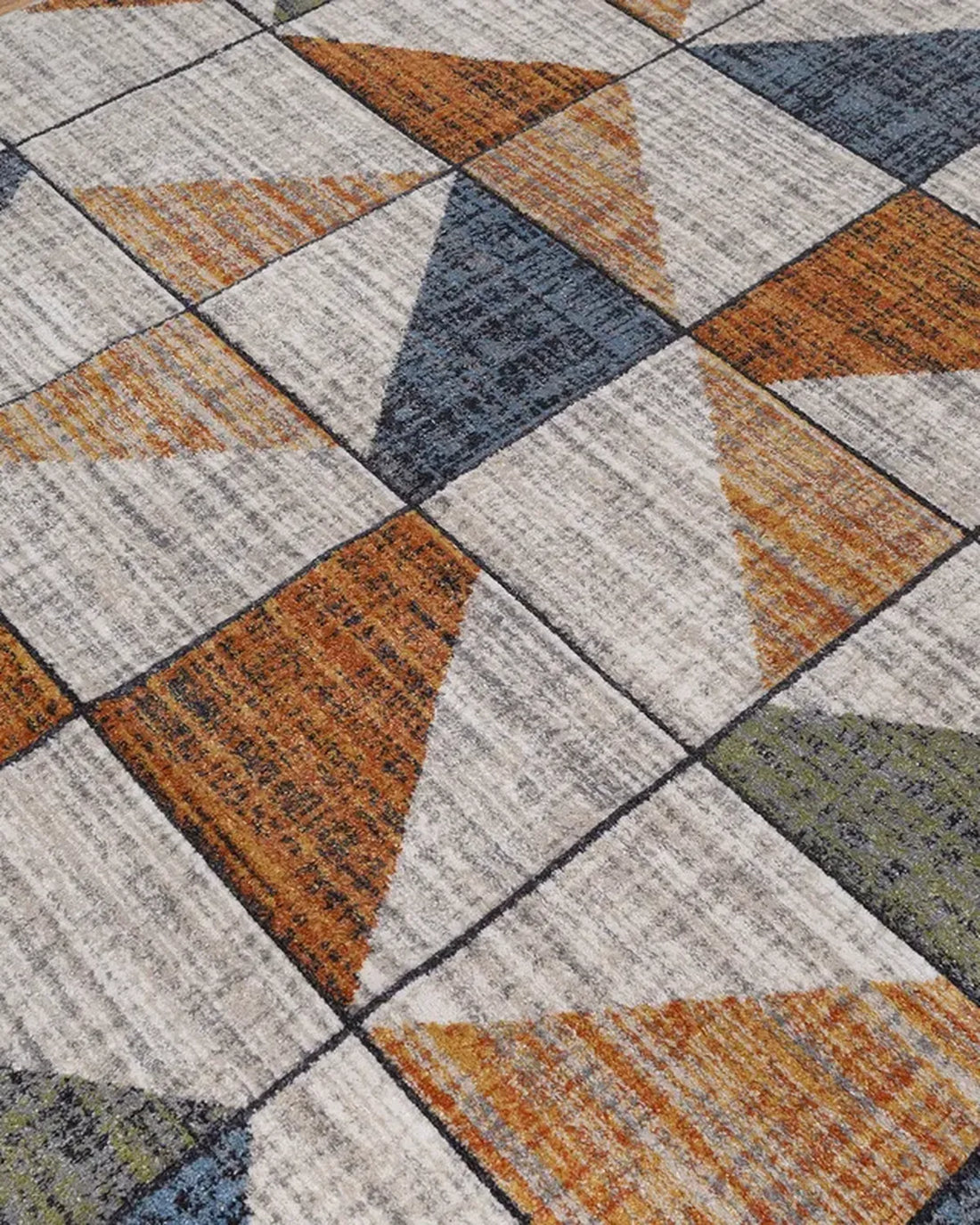 Beige Rust Blue Geometric Grid Carpet
