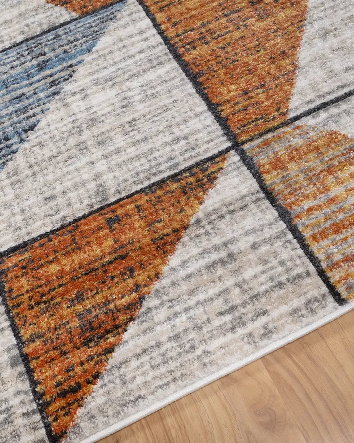 Beige Rust Blue Geometric Grid Carpet