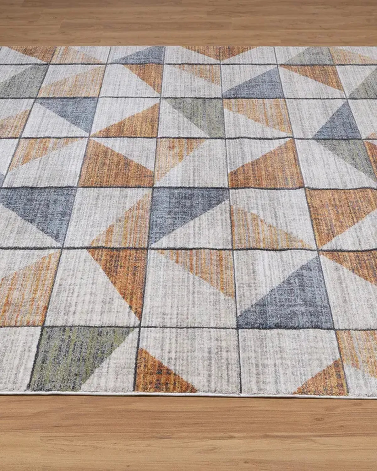 Beige Rust Blue Geometric Grid Carpet