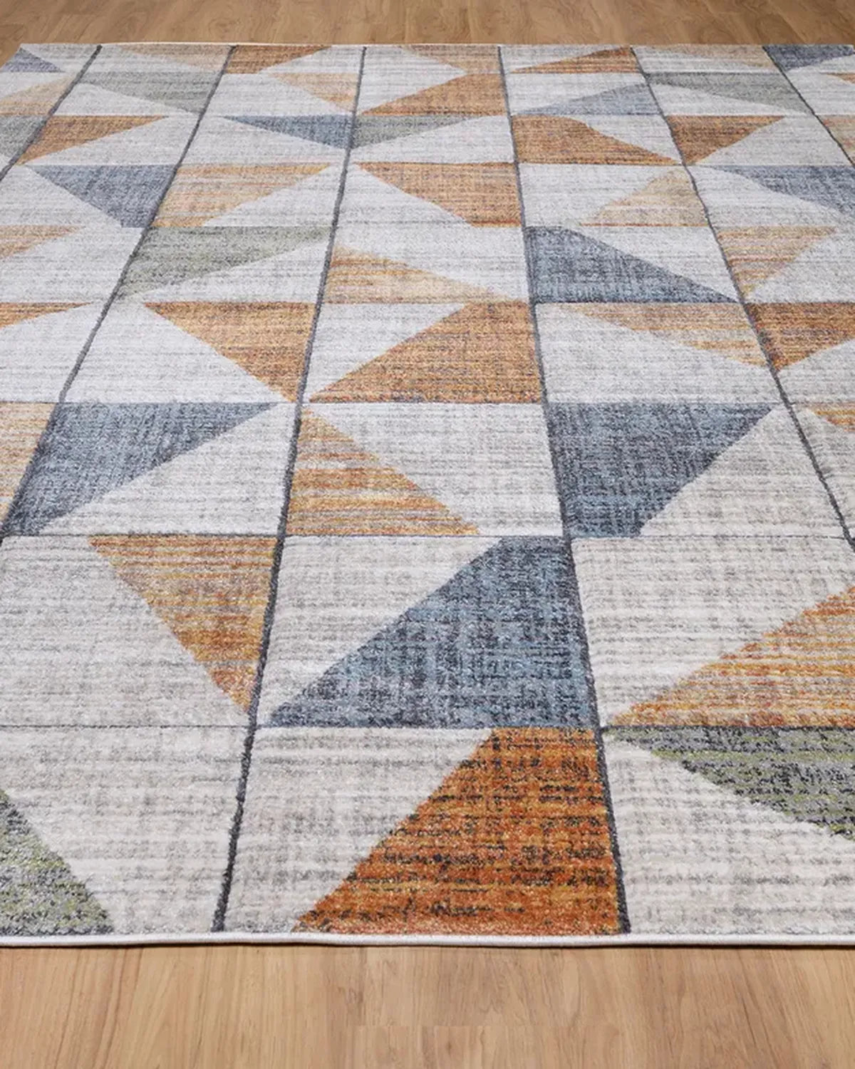 Beige Rust Blue Geometric Grid Carpet