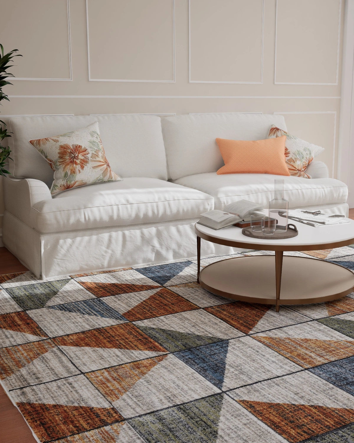Beige Rust Blue Geometric Grid Carpet