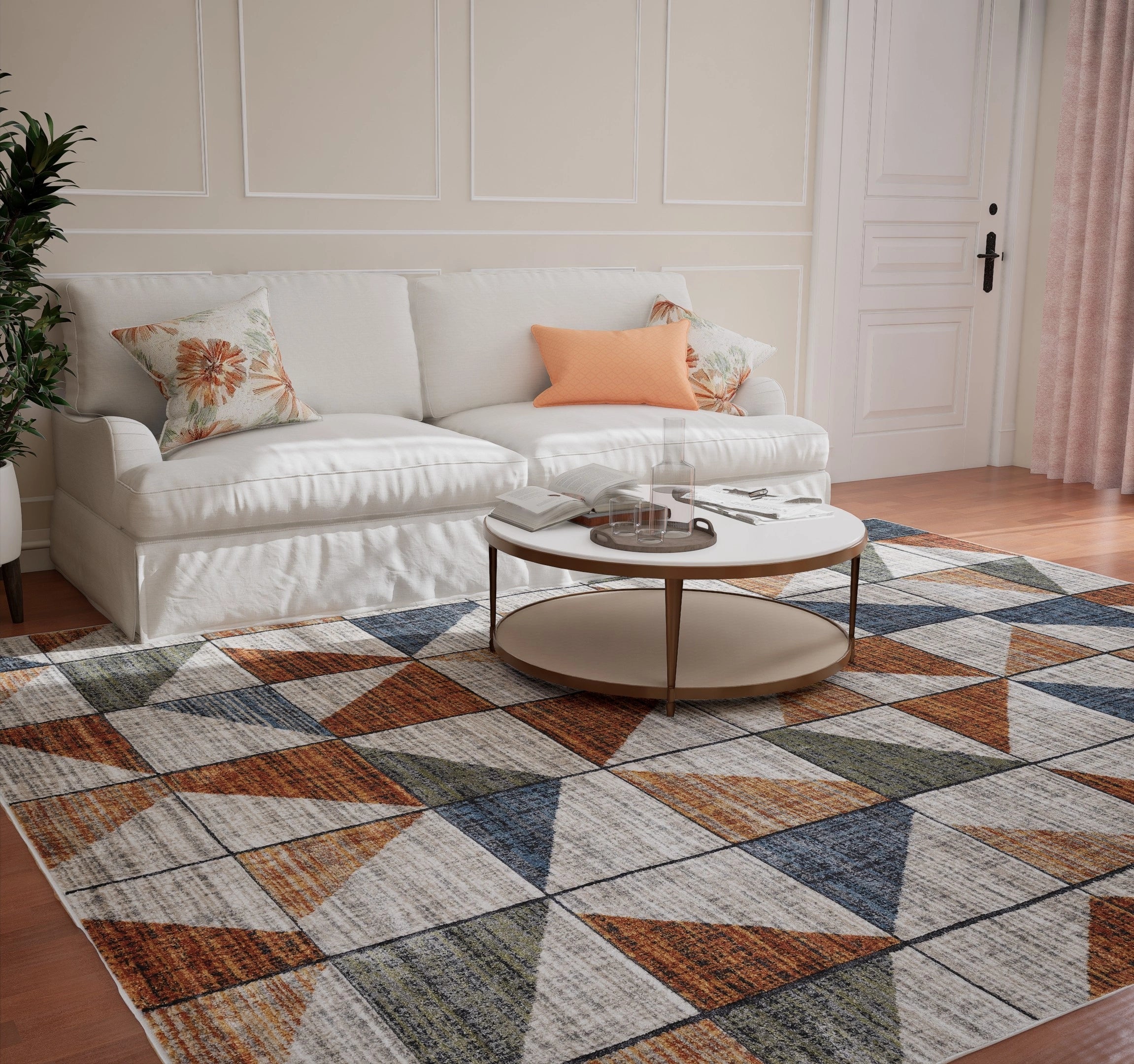 Beige Rust Blue Geometric Grid Carpet