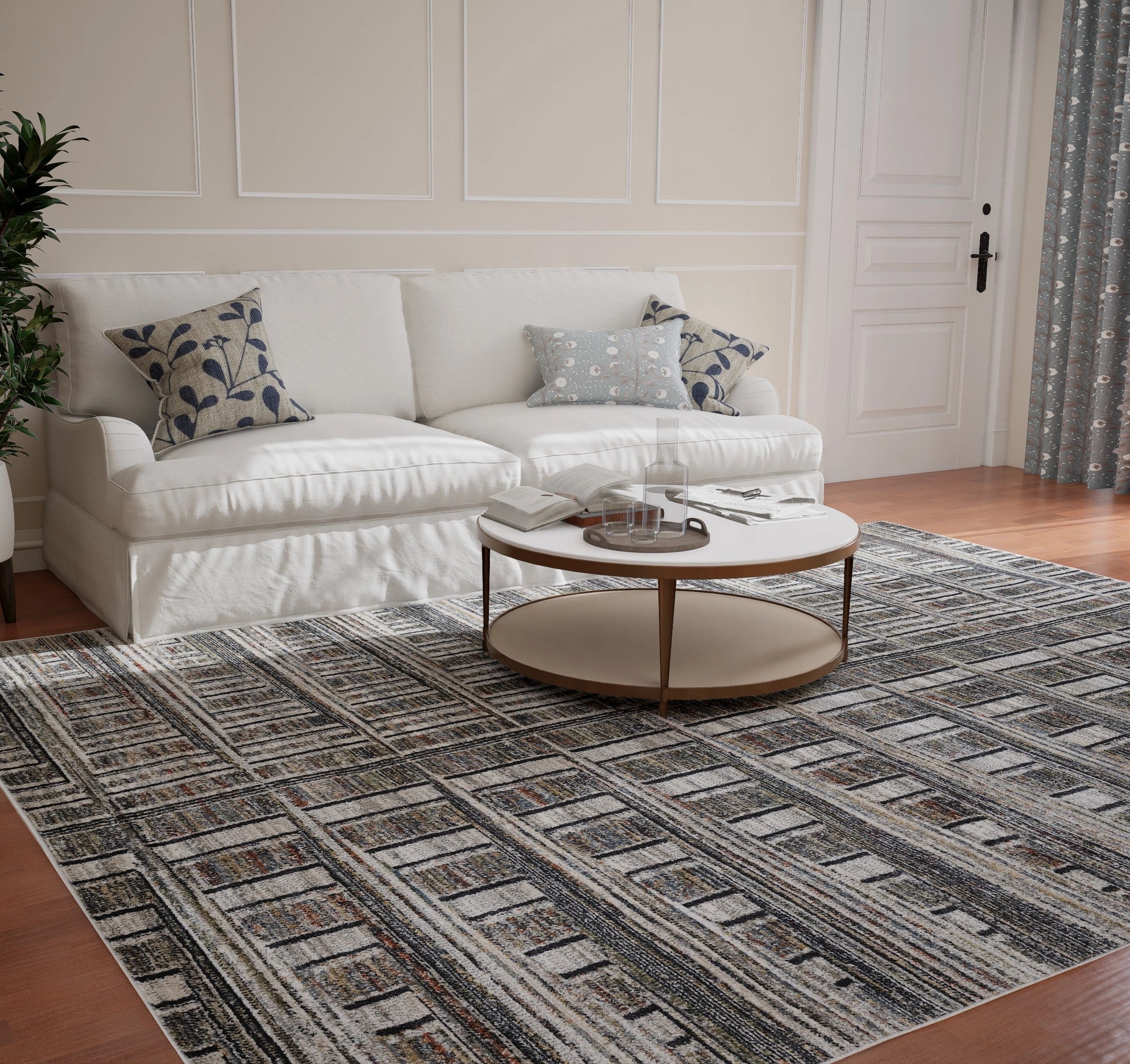 Cream Blue Linear Pattern Carpet