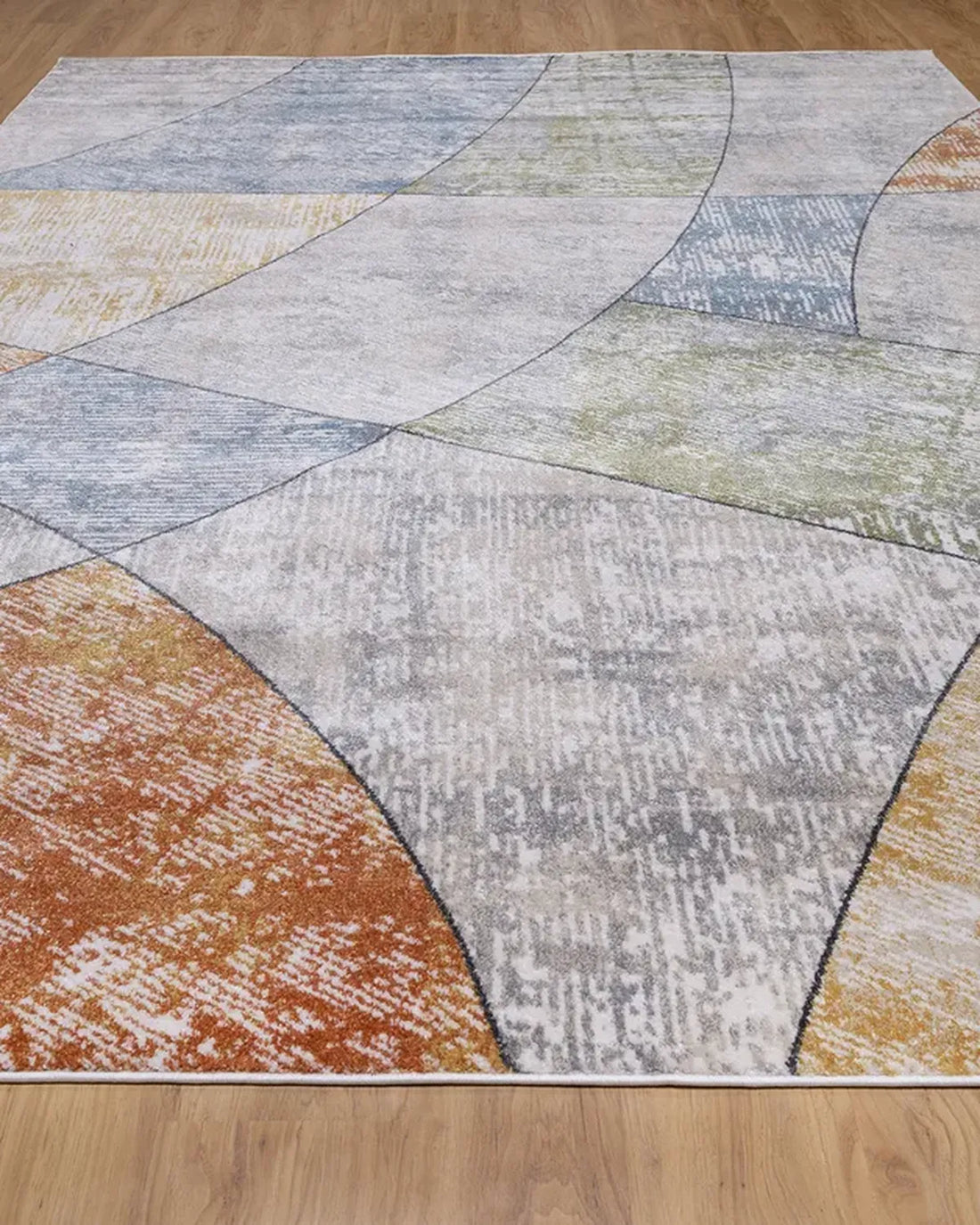 Cream Blue Curved Geometric Carpet