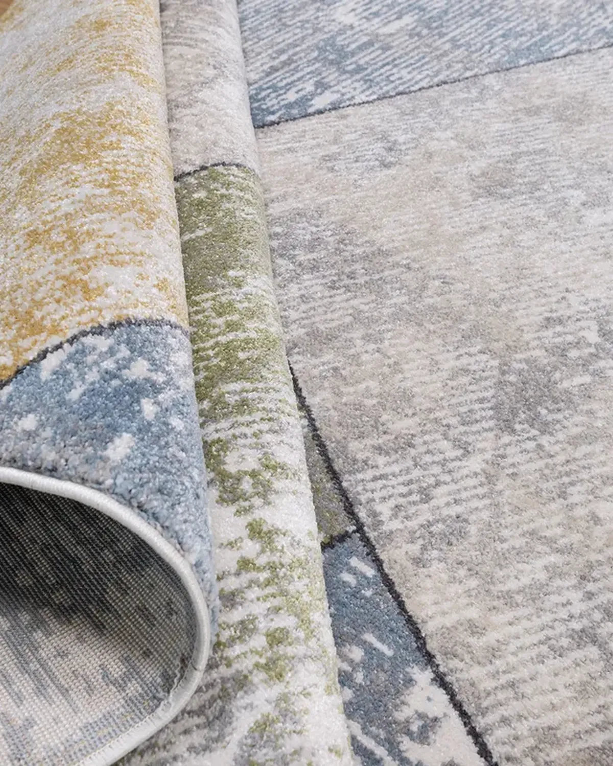 Cream Blue Curved Geometric Carpet