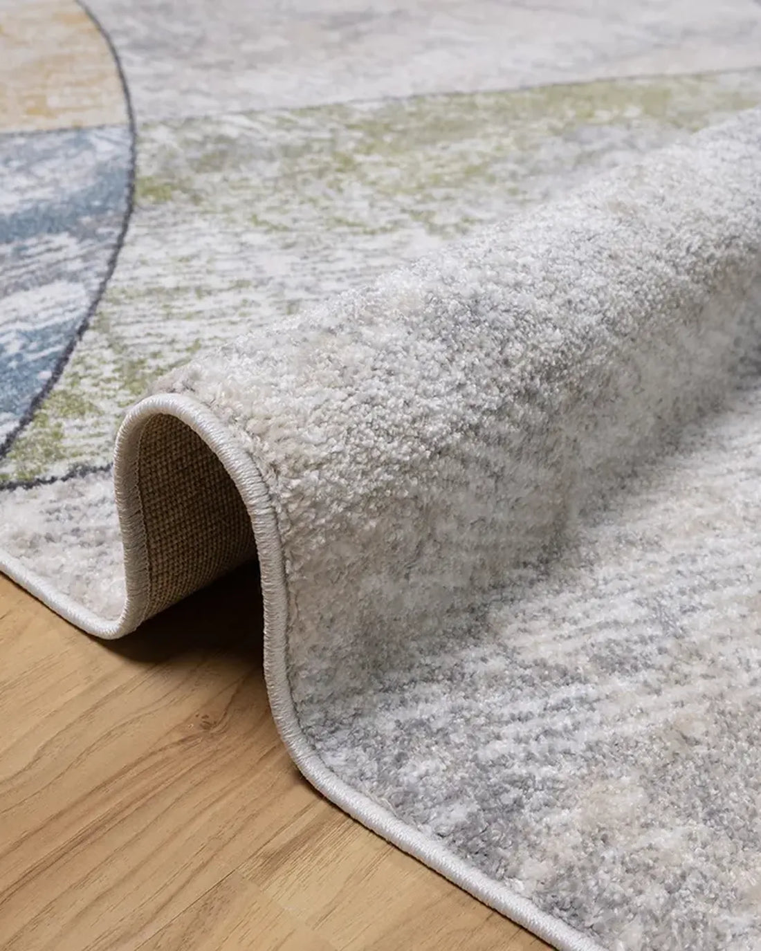 Cream Blue Curved Geometric Carpet