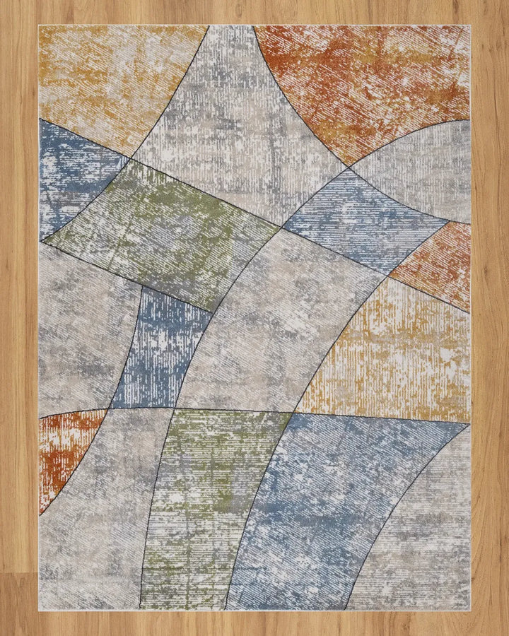 Cream Blue Curved Geometric Carpet