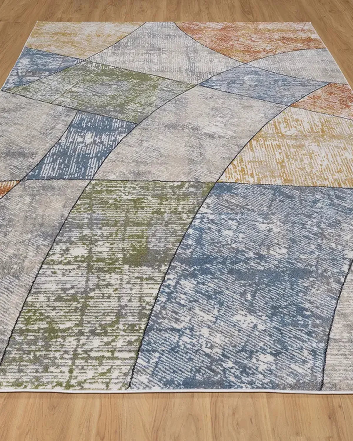 Cream Blue Curved Geometric Carpet