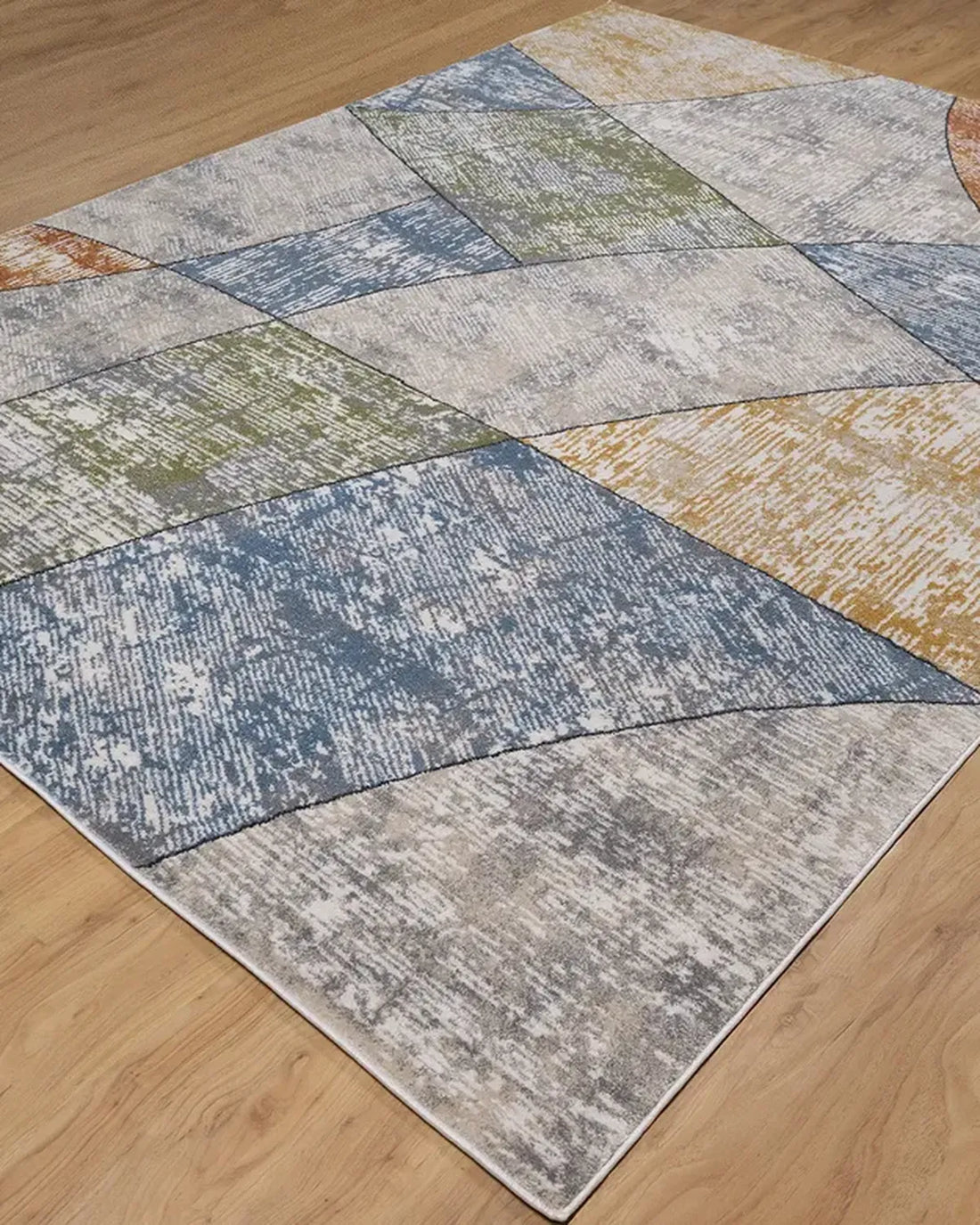 Cream Blue Curved Geometric Carpet