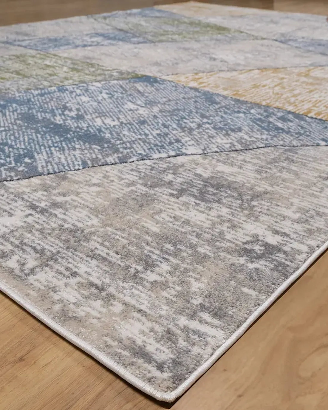 Cream Blue Curved Geometric Carpet