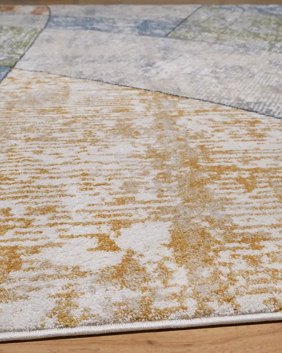 Cream Blue Curved Geometric Carpet