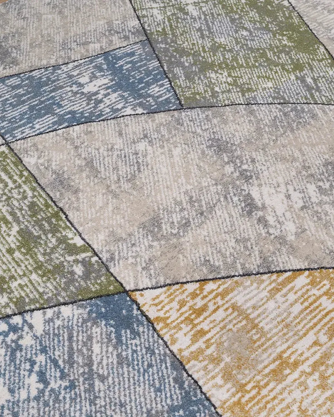 Cream Blue Curved Geometric Carpet