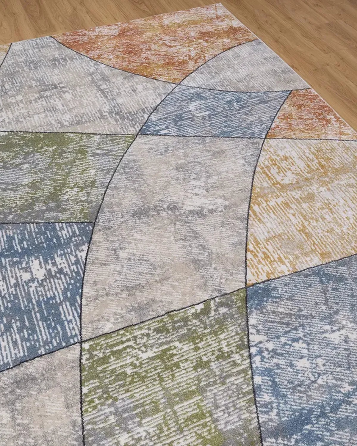 Cream Blue Curved Geometric Carpet