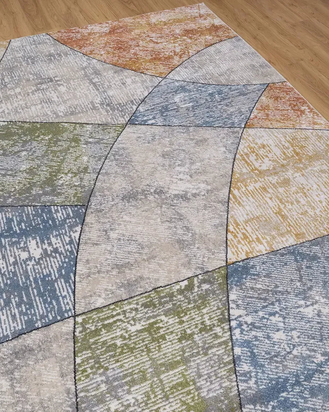 Cream Blue Curved Geometric Carpet