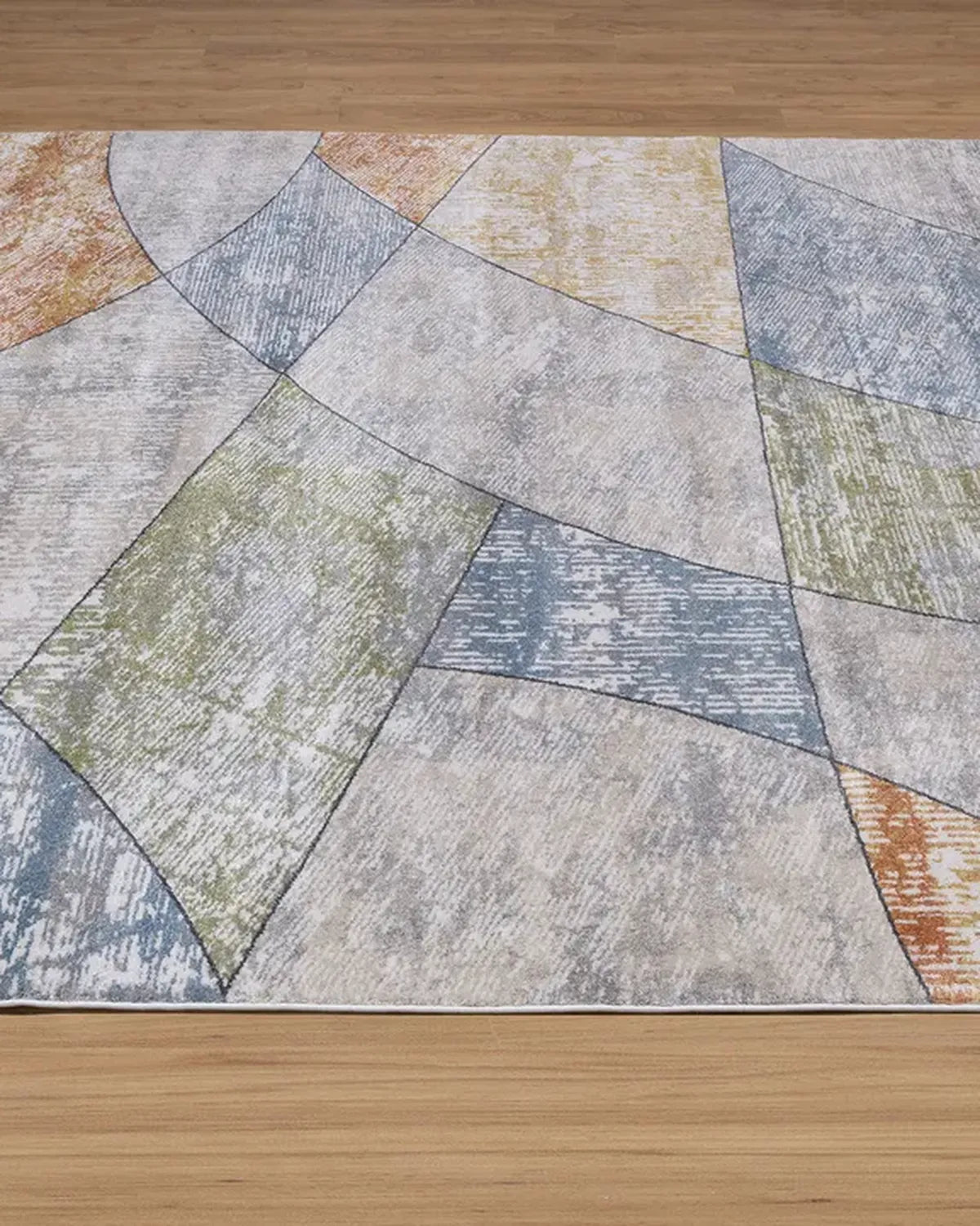 Cream Blue Curved Geometric Carpet