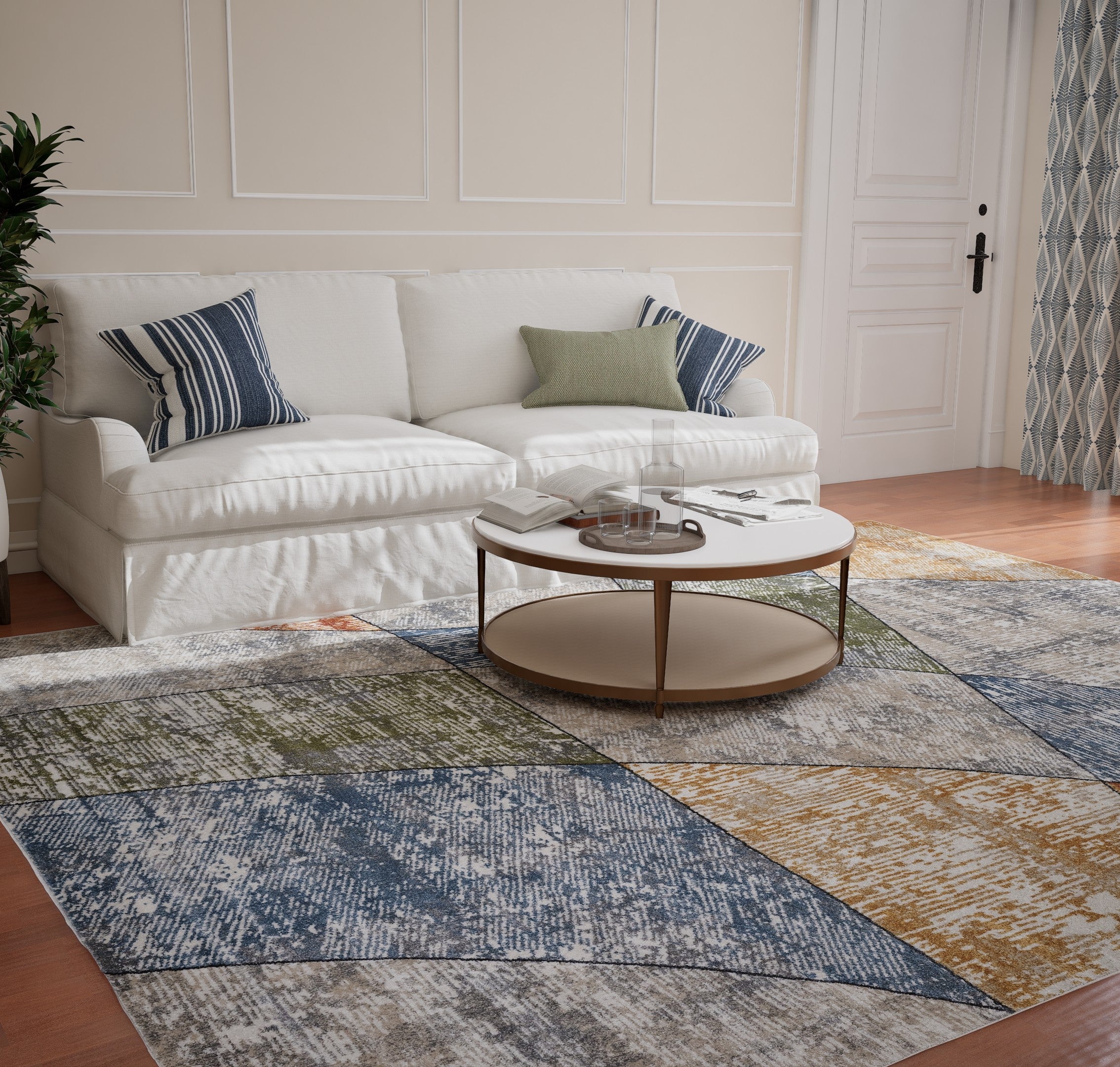 Cream Blue Curved Geometric Carpet