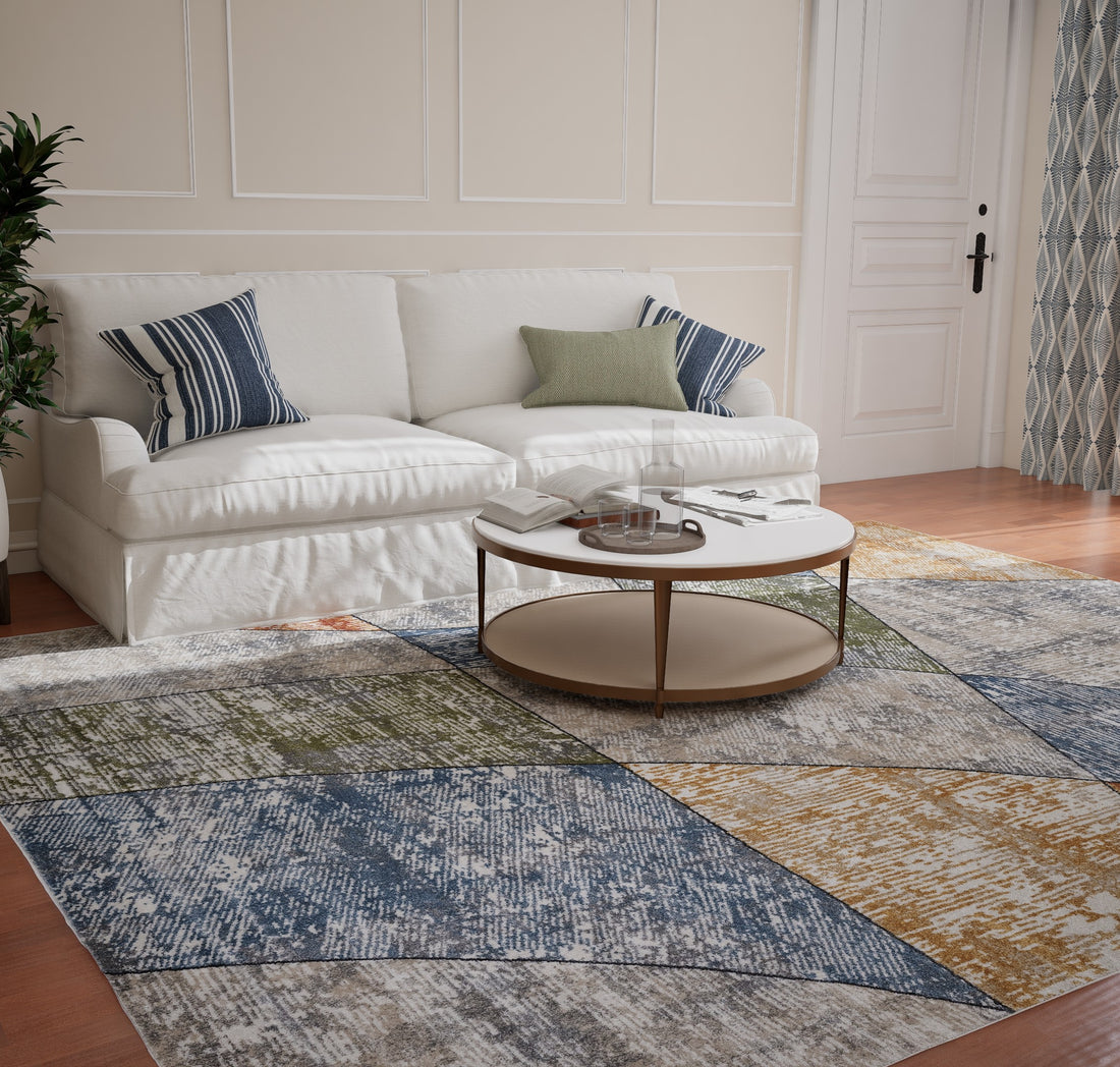 Cream Blue Curved Geometric Carpet