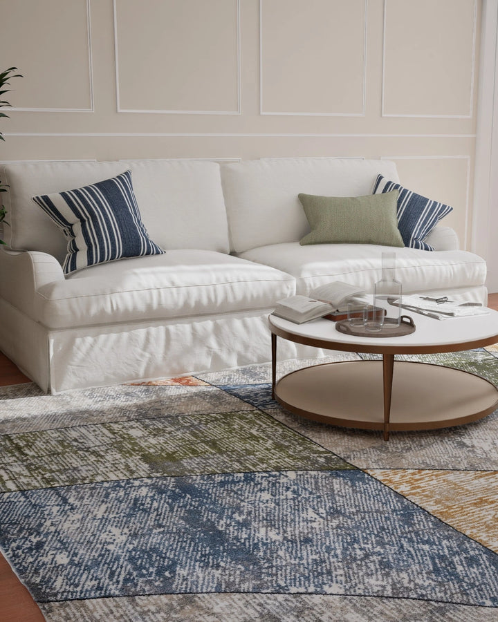 Cream Blue Curved Geometric Carpet