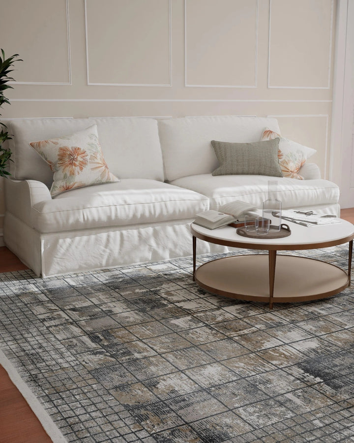 Assorted Grey Beige Grid Abstract Carpet