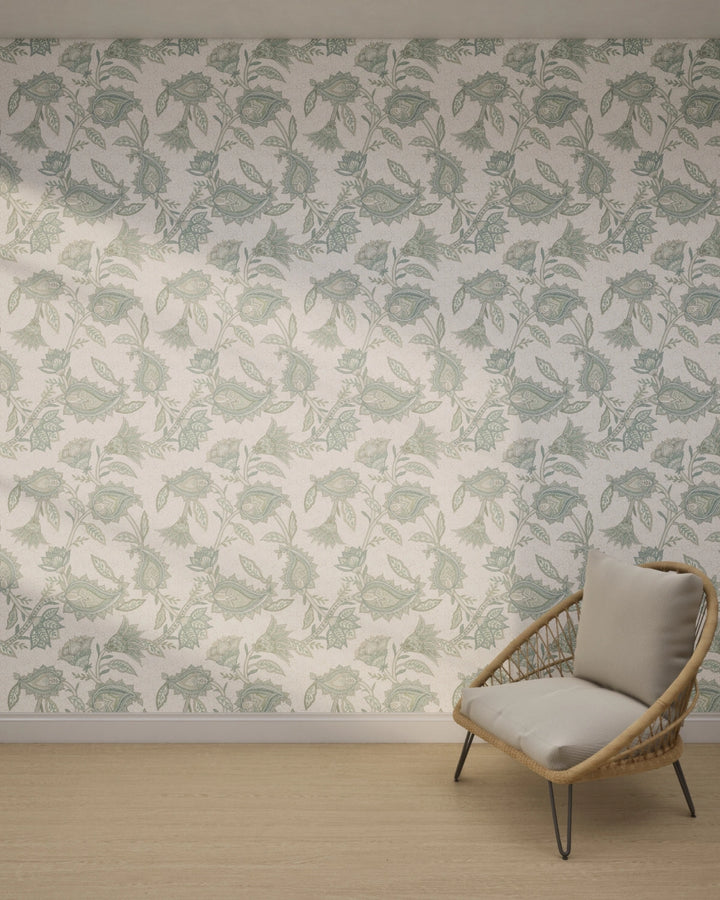 Boho Indian Paisley Wallpaper – Aqua Green Ivory