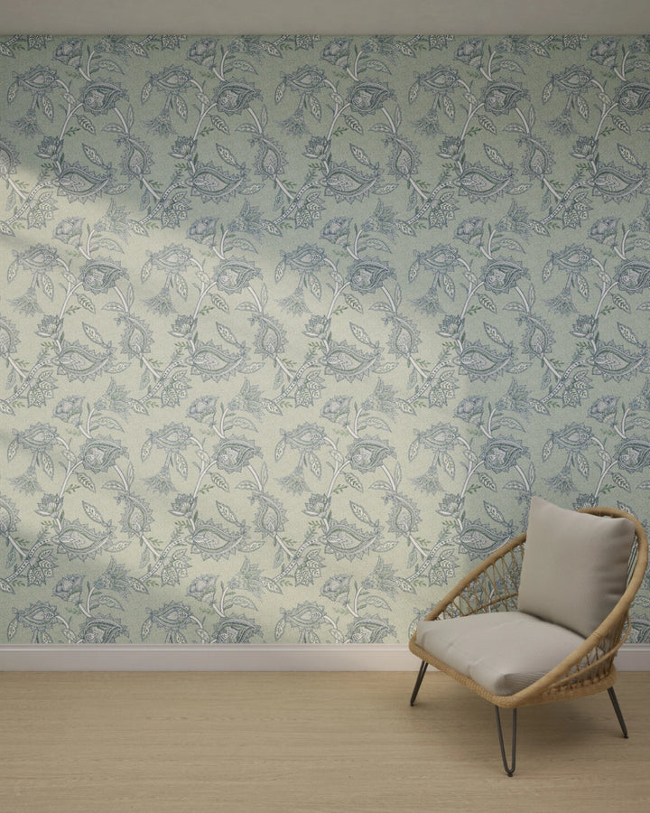 Boho Indian Paisley Wallpaper – Teal Blue Ivory