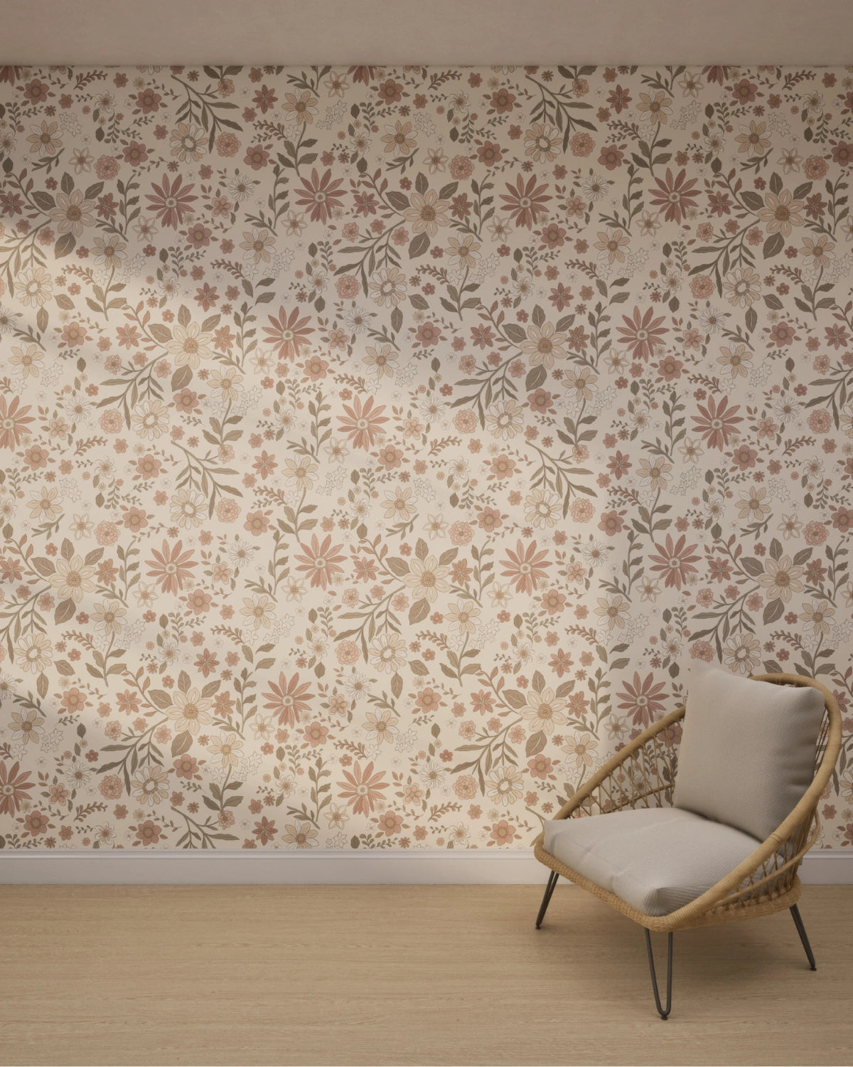 Boho Retro Florals & Leaves Wallpaper – Dusty Beige