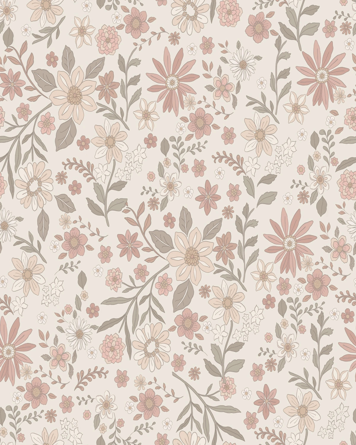 Boho Retro Florals & Leaves Wallpaper – Dusty Beige